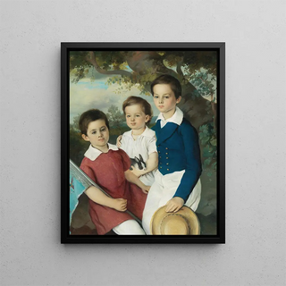 Portrait painting of three children with a rabbit - Circle of Joseph Weidner — framed artwork on a wall