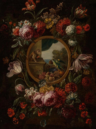 a Flower Garland Surrounding a Tondo with a Fruit Monkey and a Parrot - Circle of Karel van Vogelaer — artwork view