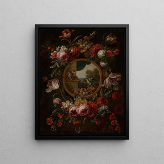 a Flower Garland Surrounding a Tondo with a Fruit Monkey and a Parrot - Circle of Karel van Vogelaer — framed artwork on a wall