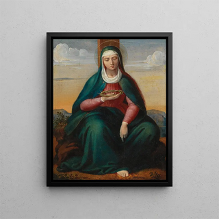 Marie with the Crown of Thorns in front of a landscape background - Circle of Leopold Kupelwieser — framed artwork on a wall