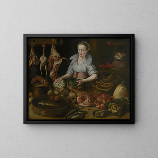 La Femme de ménage dans la cuisine - Cercle de Lucas van Valckenborch — framed artwork on a wall