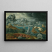Classic landscape painting with ships fleeing a storm towards a classical port - Circle of Maarten van Heemskerck — framed artwork on a wall