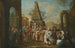 Scene of a street with Commedia dell'arte artists and musicians gathered around two puppets, an obelisk beyond - Circle of Marco Marcola — artwork view