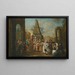 Scene of a street with Commedia dell'arte artists and musicians gathered around two puppets, an obelisk beyond - Circle of Marco Marcola — framed artwork on a wall