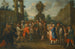 Street scene with Commedia dell'arte artists gathered around a monkey, an urn beyond - Circle of Marco Marcola — artwork view