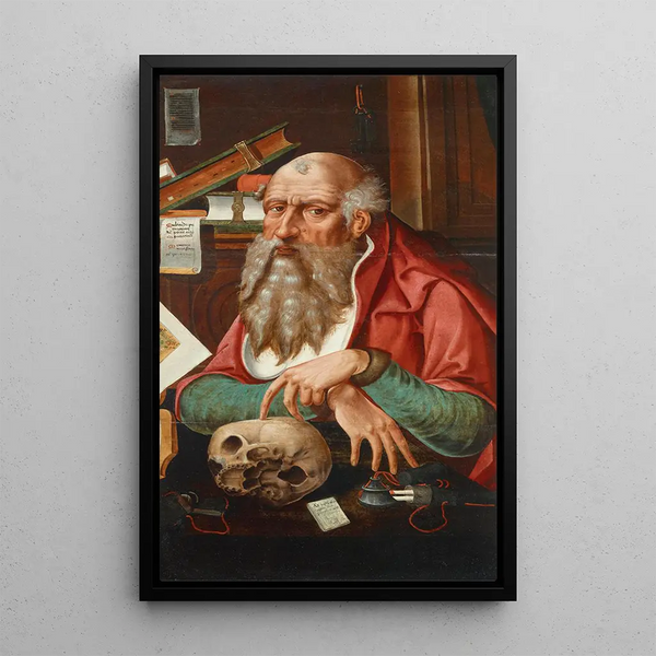 Saint Jerome in His Study - Circle of Marinus van Reymerswaele — framed artwork on a wall