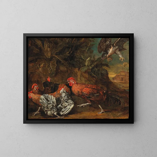 Bird attacked by a bird of prey - Circle of Melchior de Hondecoeter — framed artwork on a wall