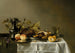 Peaches on a silver tray, a fruit tart, a small bread roll, an engraved roemer, and a silver coffee pot on a partially draped table - Circle of Pieter Claesz — artwork view