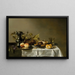 Peaches on a silver tray, a fruit tart, a small bread roll, an engraved roemer, and a silver coffee pot on a partially draped table - Circle of Pieter Claesz — framed artwork on a wall