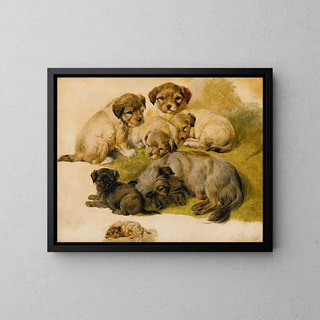 Study of a den and puppies - Circle of Sir Edwin Henry Landseer — framed artwork on a wall