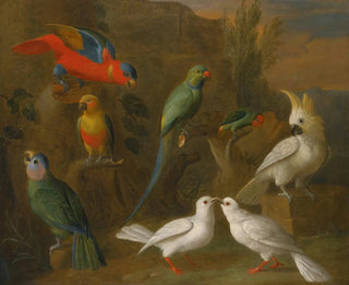 A landscape with exotic birds including parrots, budgerigars, doves, and cockatoos - Circle of Tobias Stranover — artwork view