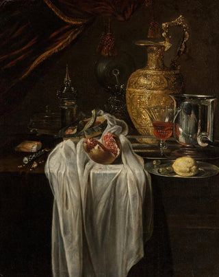 Still life with ewers, lemon and pomegranate marzipan - Circle of Willem Kalf — artwork view