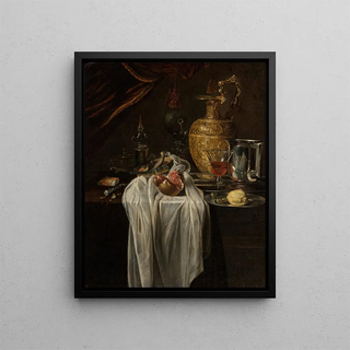 Still life with ewers, lemon and pomegranate marzipan - Circle of Willem Kalf — framed artwork on a wall