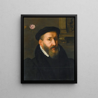 Portrait of a gentleman wearing a black beret and a white collar - Circle of Willem Key — framed artwork on a wall