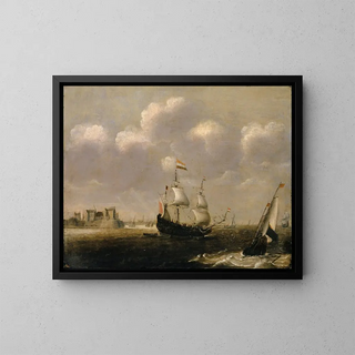 Boats in front of a port - Claes Claesz Wou — framed artwork on a wall