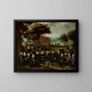 ficers of the Old Militia of Alkmaar in a Landscape - Claes Jacobsz van der Heck — framed artwork on a wall