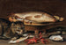 Still life with fish in a ceramic strainer, oysters, langoustines, mackerel, and a cat on the ledge - Clara Peeters — artwork view