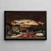 Still life with fish in a ceramic strainer, oysters, langoustines, mackerel, and a cat on the ledge - Clara Peeters — framed artwork on a wall