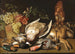 a painting featuring a basket of red and green grapes, a goldfinch, game, and a squirrel on a wooden table - Clara Peeters — artwork view