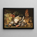 a painting featuring a basket of red and green grapes, a goldfinch, game, and a squirrel on a wooden table - Clara Peeters — framed artwork on a wall