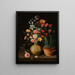 Roses, lilies, irises, and other flowers in a faience vase with a pot of carnations and a butterfly on a ledge - Clara Peeters — framed artwork on a wall