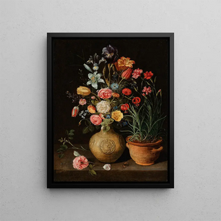 Roses, lilies, irises, and other flowers in a faience vase with a pot of carnations and a butterfly on a ledge - Clara Peeters — framed artwork on a wall