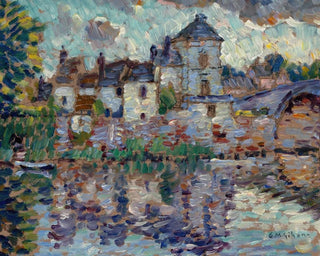 a town overlooking a lake - Clarence Montfort Gihon — artwork view