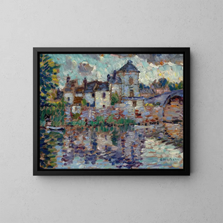 a town overlooking a lake - Clarence Montfort Gihon — framed artwork on a wall