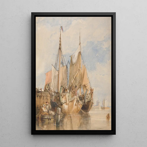 Dutch fishing boats painting near a quay - Clarkson Stanfield — framed artwork on a wall