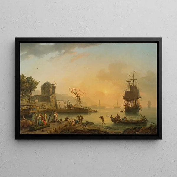 a large view of the coast enriched with buildings, ships, and figures - Claude-Joseph Vernet — framed artwork on a wall