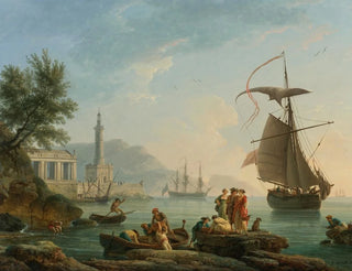 Mediterranean port at sunset with fishermen by the water, a lighthouse, and a warship anchored in the bay - Claude-Joseph Vernet — artwork view