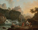 a rocky landscape with a fisherman and travelers near a river with a waterfall and an aqueduct in the distance - Claude-Joseph Vernet — artwork view