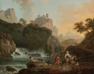 a rocky landscape with a fisherman and travelers near a river with a waterfall and an aqueduct in the distance - Claude-Joseph Vernet — artwork view