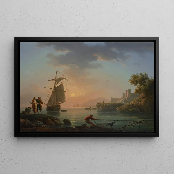 Mediterranean port painting at sunset with a fisherman in the foreground - Claude-Joseph Vernet — framed artwork on a wall