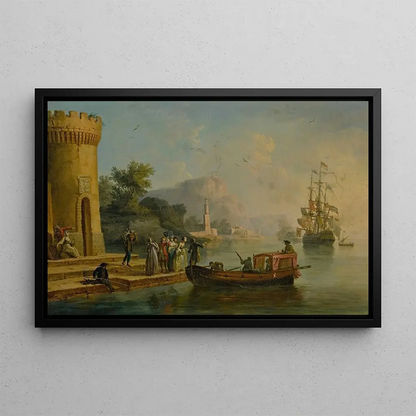 a Mediterranean port view with a group of figures by the water's edge, a large ship beyond - Claude-Joseph Vernet — framed artwork on a wall