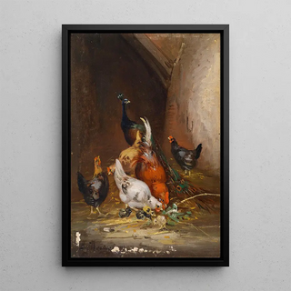 Poules et un paon - Claude Guilleminet — framed artwork on a wall