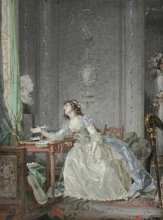 Interior painting with a portrait of a young woman in front of a bust - Claude Hoin — artwork view