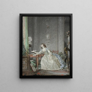 Interior painting with a portrait of a young woman in front of a bust - Claude Hoin — framed artwork on a wall