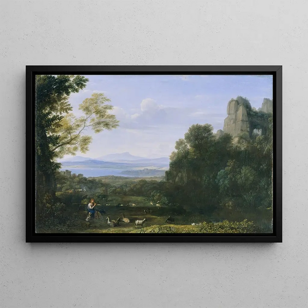 Landscape with Apollo and Mercury - Claude Lorrain — framed artwork on a wall
