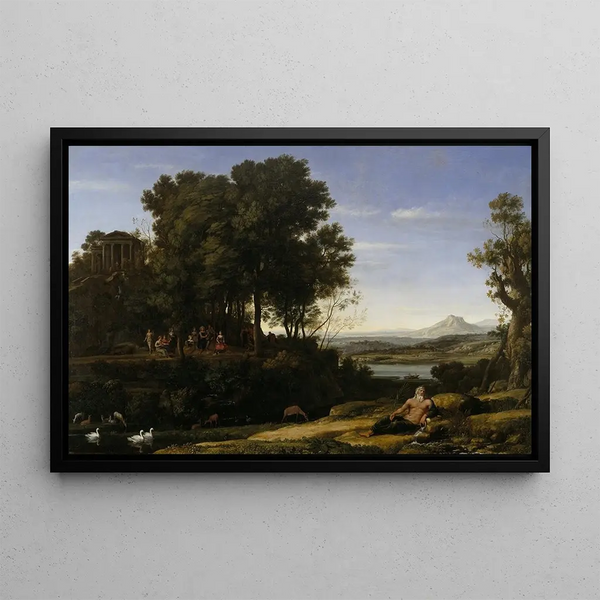 Landscape with Apollo and the Muses - Claude Lorrain — framed artwork on a wall