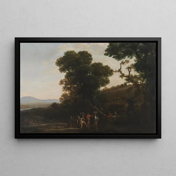 Landscape painting with characters crossing a stream - Claude Lorrain — framed artwork on a wall