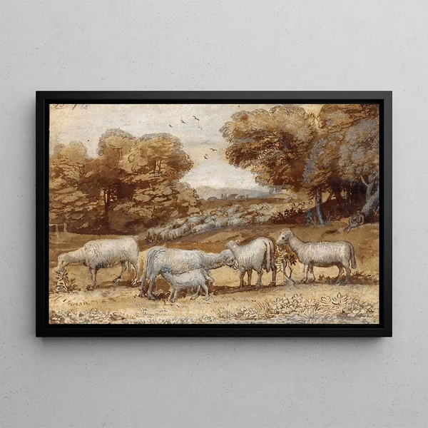 Landscape with Sheep - Claude Lorrain — framed artwork on a wall