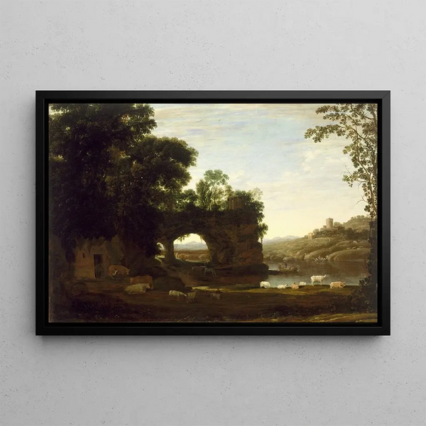 Landscape with a Rocky Arch and a River - Claude Lorrain — framed artwork on a wall