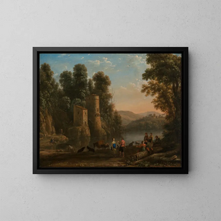 Landscape painting with shepherds. The dance by the water's edge - Claude Lorrain — framed artwork on a wall