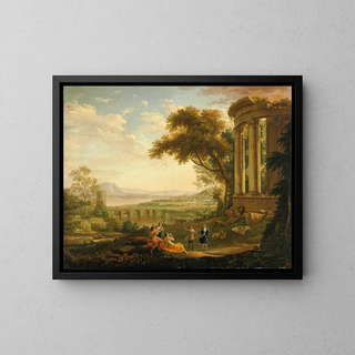 Landscape with Satyr and Nymph - Claude Lorrain — framed artwork on a wall