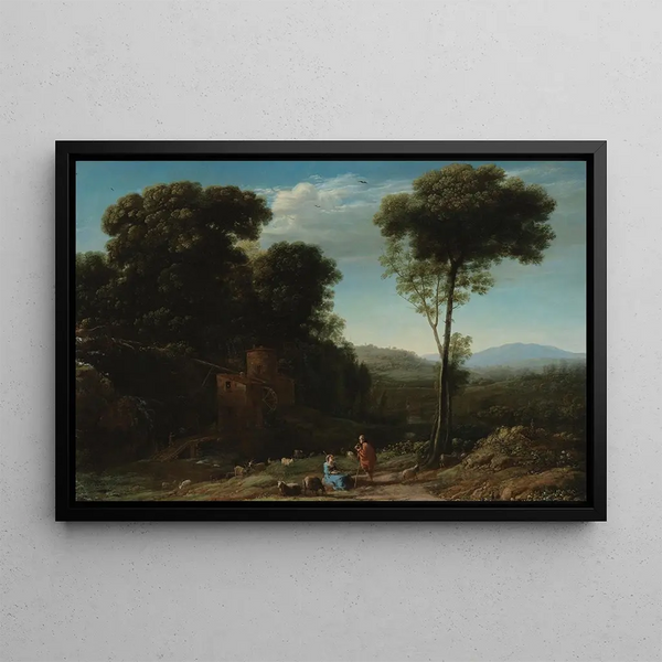 Pastoral landscape painting with a mill - Claude Lorrain — framed artwork on a wall