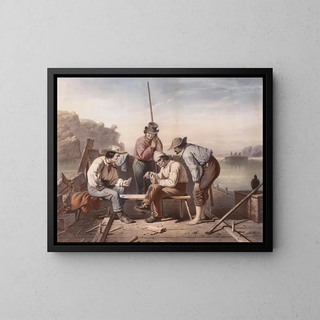 The Mississippi Rafts in Distress, Men Playing Cards - Claude Regnier — framed artwork on a wall
