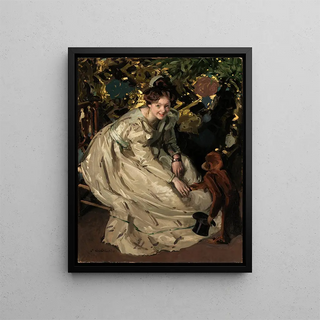 Woman in a arbor with a monkey - Claudio Castelucho — framed artwork on a wall