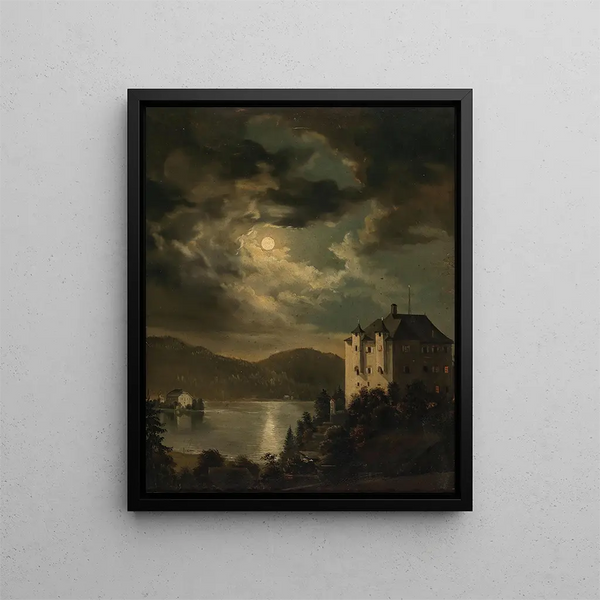 Ambiance au clair de lune au-dessus du château de Freyenthurn avec vue sur Loretto - Clementine von Rainer — framed artwork on a wall