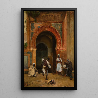 Festival Gnaoua painting in front of the medina gate of Tangier - Clement Pujol de Guastavino — framed artwork on a wall